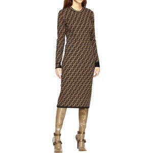 Fendi Longsleeve FF Midi Dress in Tobacco | FWRD